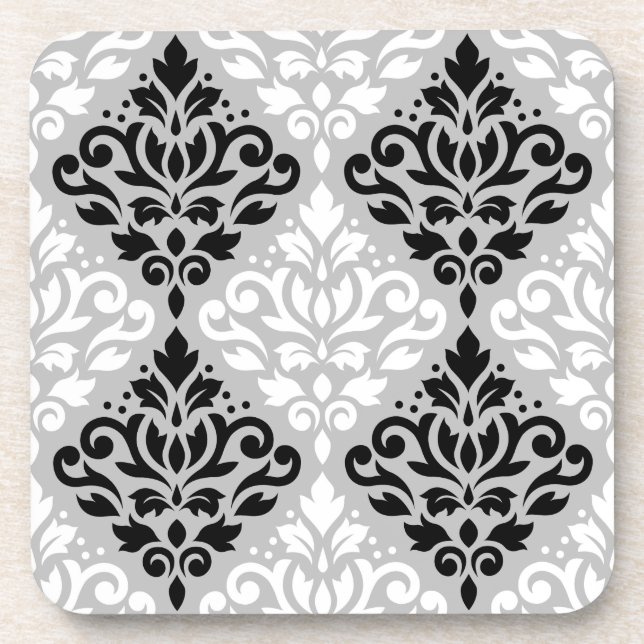 Scroll Damask Ptn B&W on Gray Coaster (Front)