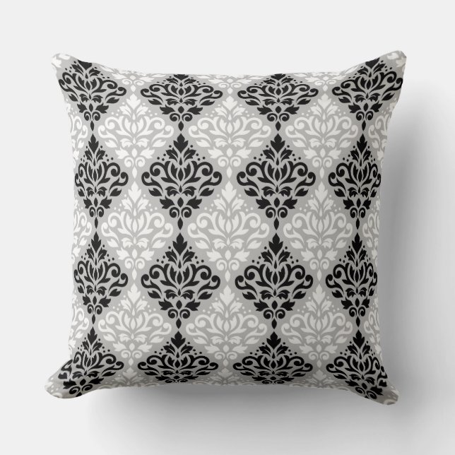 Scroll Damask Ptn B&W on Gray Throw Pillow (Front)