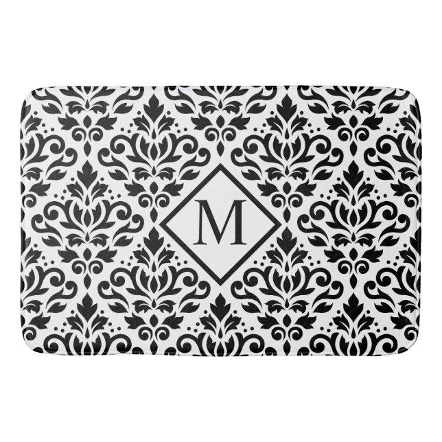 Scroll Damask Ptn Black on White (Personalized) Bathroom Mat (Front)