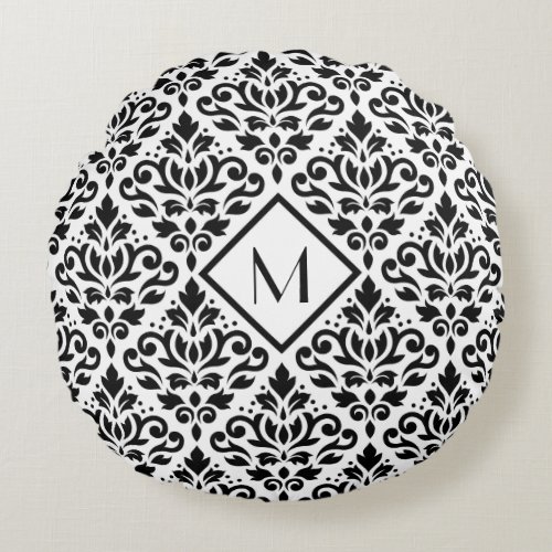 Scroll Damask Ptn Black on White Personalized Round Pillow