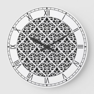 Scroll Damask Ptn BW & Numerals Large Clock