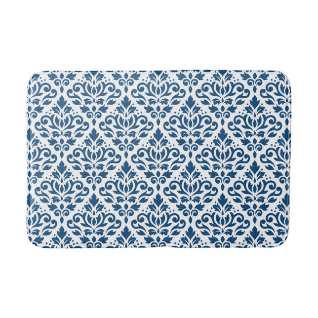 Scroll Damask Ptn Dk Blue on White Bathroom Mat (Front)