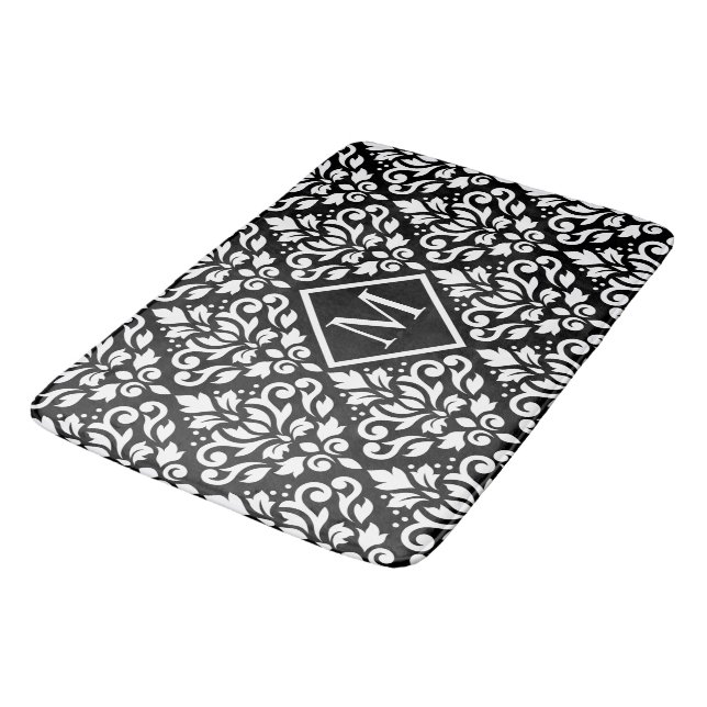 Scroll Damask Ptn White on Black (Personalized) Bathroom Mat (Angled)