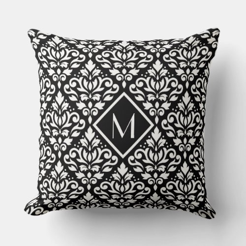 Scroll Damask Ptn White on Black Personalized Throw Pillow