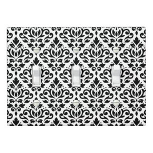 Scroll Damask Repeat Pattern Black on White Light Switch Cover