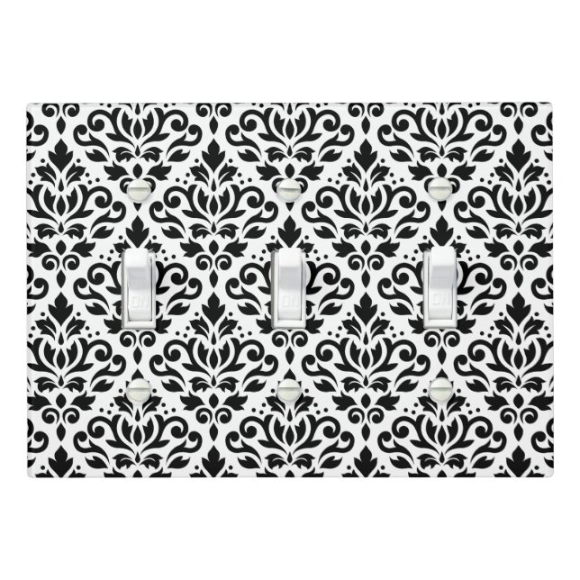 Scroll Damask Repeat Pattern Black on White Light Switch Cover (In Situ)