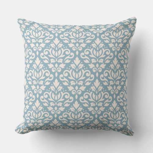 Scroll Damask Repeat Pattern Cream on Blue Throw Pillow