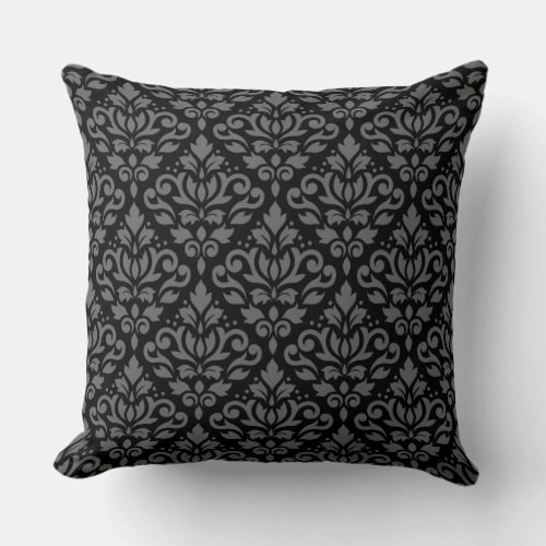 Scroll Damask Repeat Pattern Gray on Black Throw Pillow