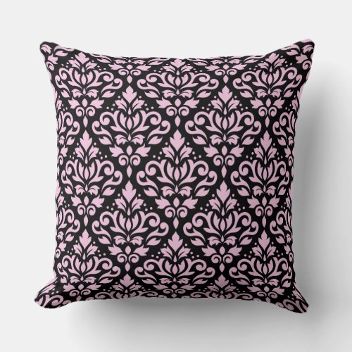 Scroll Damask Repeat Pattern Pink on Black Throw Pillow