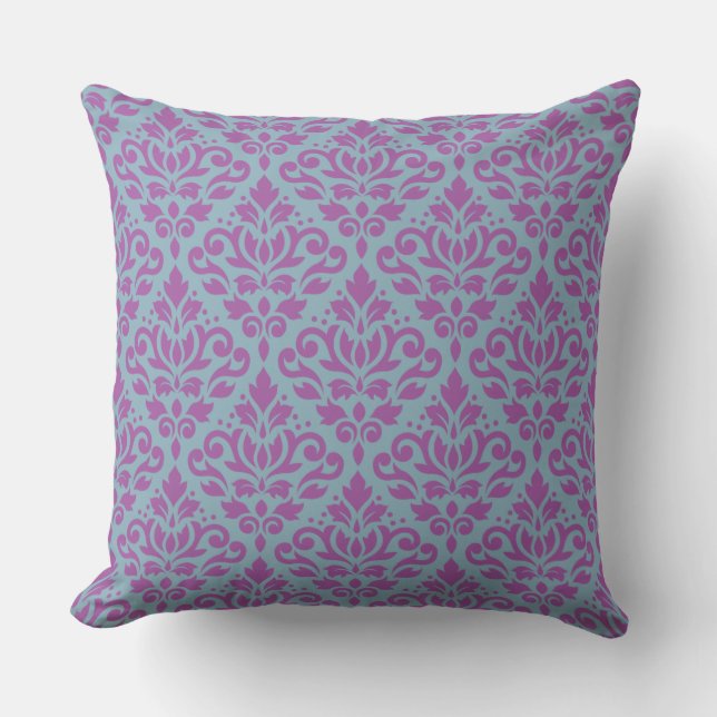 Scroll Damask Repeat Pattern Plum on Blue Throw Pillow (Front)