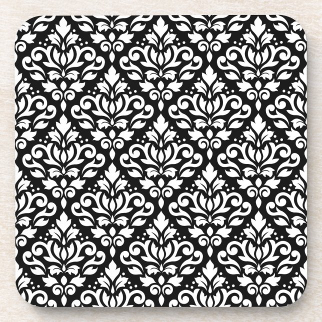 Scroll Damask Repeat Pattern White on Black Drink Coaster (Front)