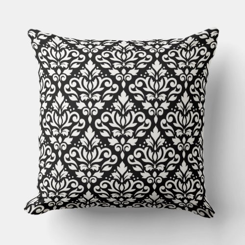 Scroll Damask Repeat Pattern White on Black Throw Pillow