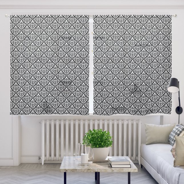 Scroll Damask Sml Pattern White on Black Sheer Curtains (Living Room)