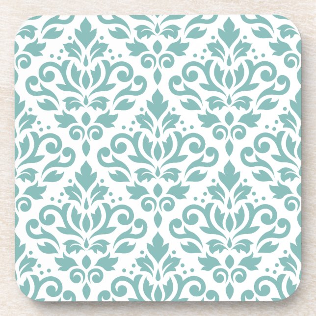 Scroll Damask Teal Pattern Beverage Coaster (Front)