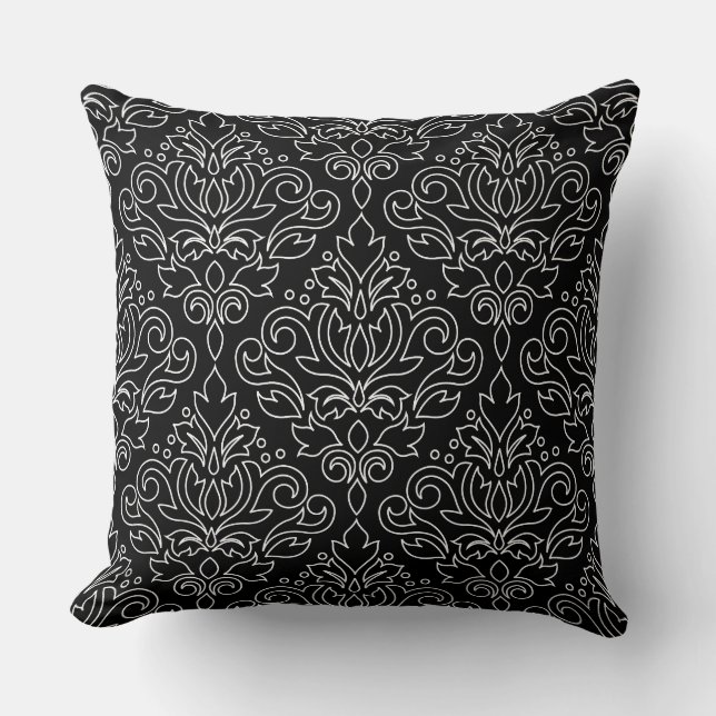 Scroll Damask White on Black Line Big Pattern Throw Pillow (Front)