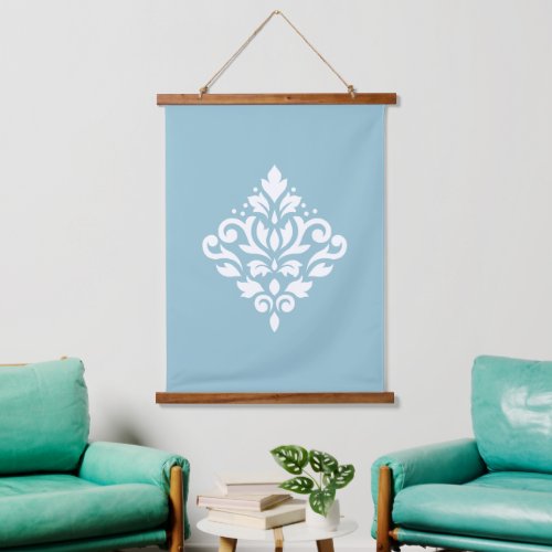 Scroll Damask White on Blue Hanging Tapestry