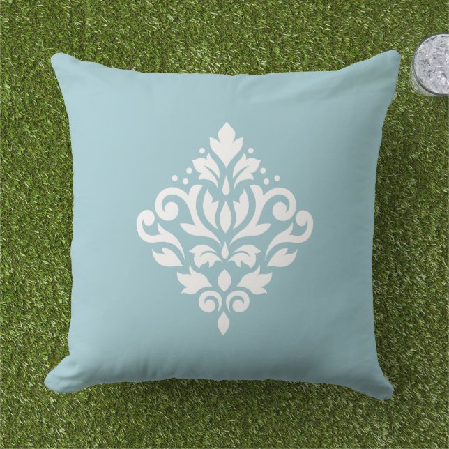 Scroll Damask White on Blue Outdoor Pillow (Grass)