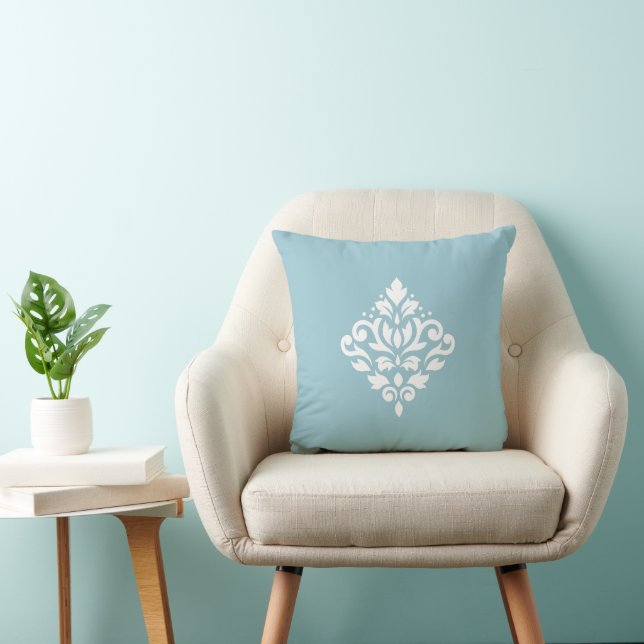 Scroll Damask White on Blue Throw Pillow (Chair)