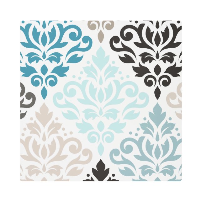 Scroll Damask XLg Pattern Art Teals Browns White (Front)