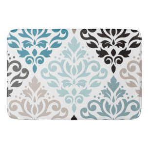 Scroll Damask XLg Pattern Art Teals Browns White Bath Mat