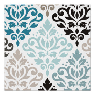 Scroll Damask XLg Pattern Art Teals Browns White Poster