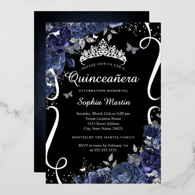 Scroll Floral Butterfly Black Navy Quinceanera Foil Invitation (Front/Back)