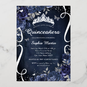 Scroll Floral Butterfly Elegant Navy Quinceanera Foil Invitation