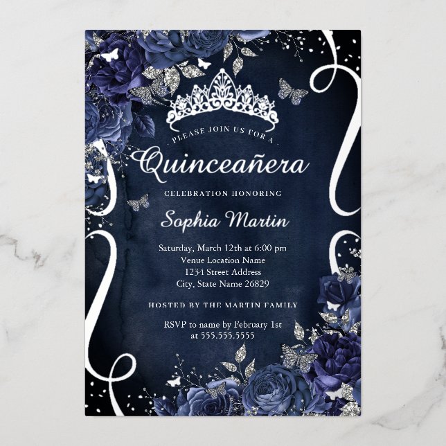 Scroll Floral Butterfly Elegant Navy Quinceanera Foil Invitation (Front)