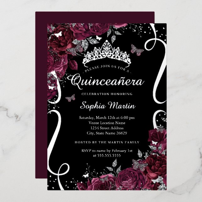 Scroll Floral Elegant Burgundy Quinceanera Foil Invitation (Front/Back)