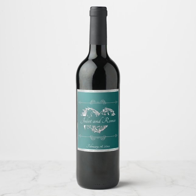 Scroll Heart Monogram - Teal Wine Label (Front)