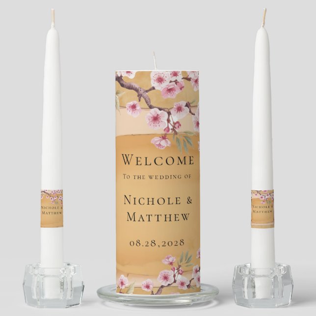 Scroll Japanese Cherry blossom branch Wedding Unity Candle Set (Front)