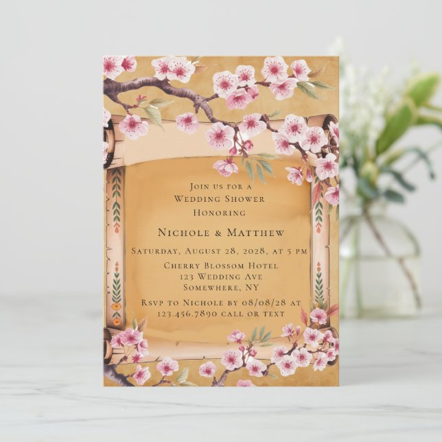 Scroll Japanese Cherry Blossom Wedding Shower Invitation (Standing Front)