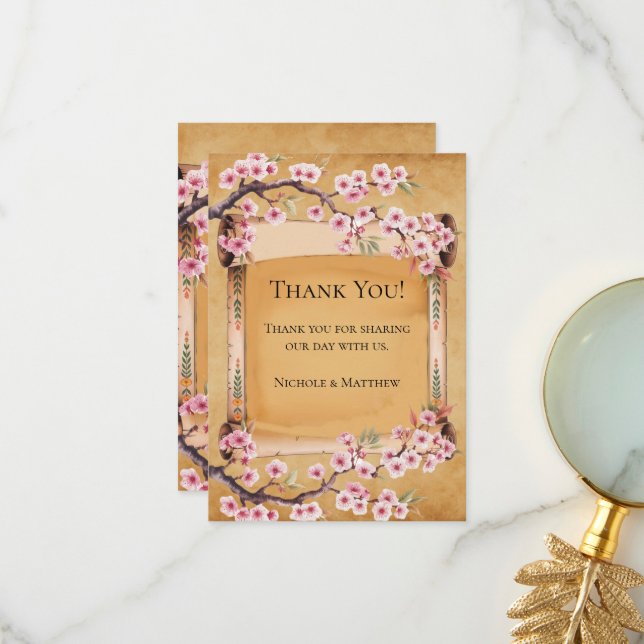 Scroll Japanese Cherry Blossom Wedding Thank You Card (Front/Back In Situ)