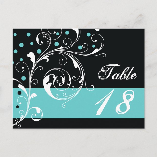Scroll leaf black, aqua wedding Table number (Front)