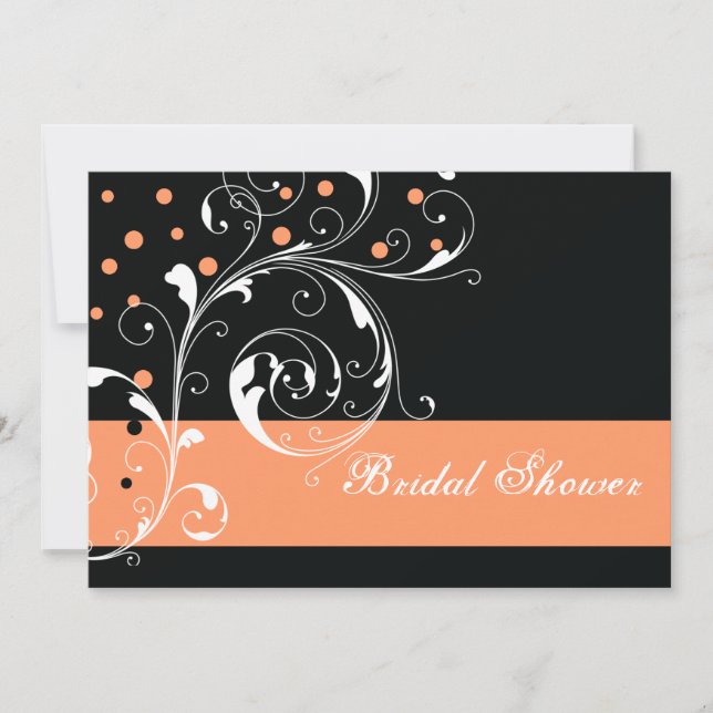 Scroll leaf black coral wedding bridal shower invitation (Front)