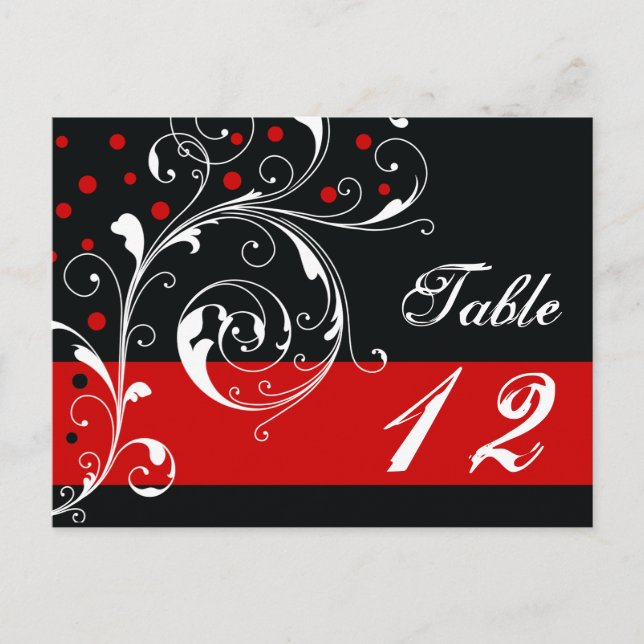 Scroll leaf black, red wedding Table number (Front)