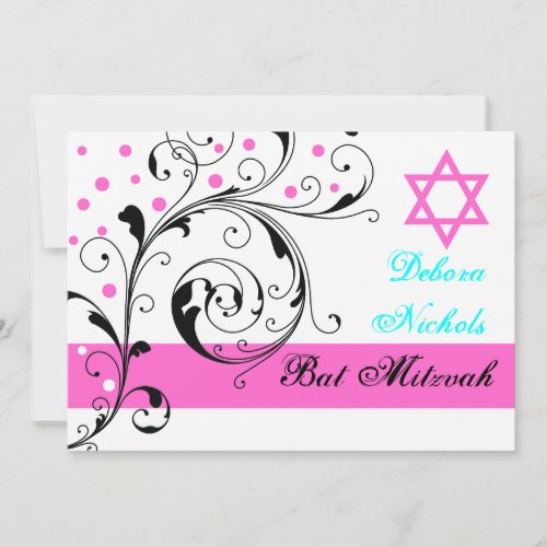 Scroll leaf black, white, hot pink &amp; Star of David Personalized Invitation