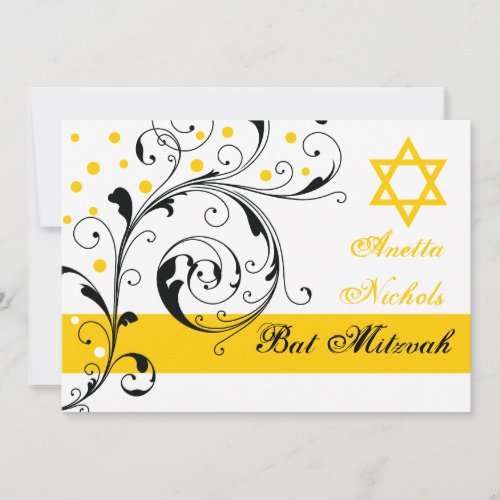 Scroll leaf black white yellow  Star of David Invitation