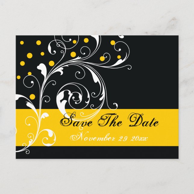 Scroll leaf black, yellow wedding Save the Date Announcement Postcard (Front)