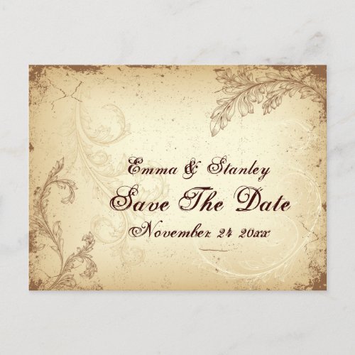 Scroll leaf vintage brown beige Save the Date Announcement Postcard