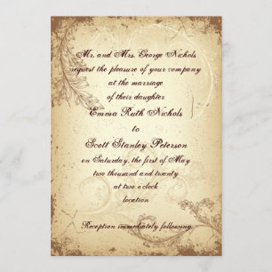 Scroll leaf vintage brown beige wedding invitation