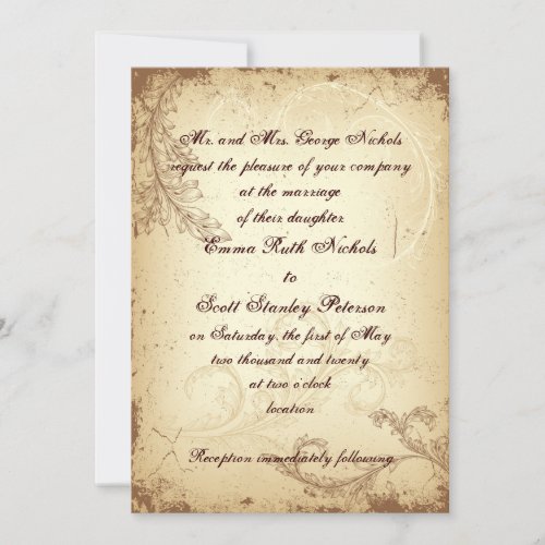 Scroll leaf vintage brown beige wedding invitation