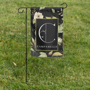 Scroll Monogram C, Black Background White Flowers Garden Flag