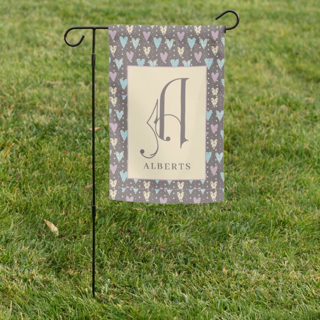 Scroll Monogram Letter A with Hearts Background Garden Flag (In SItu)