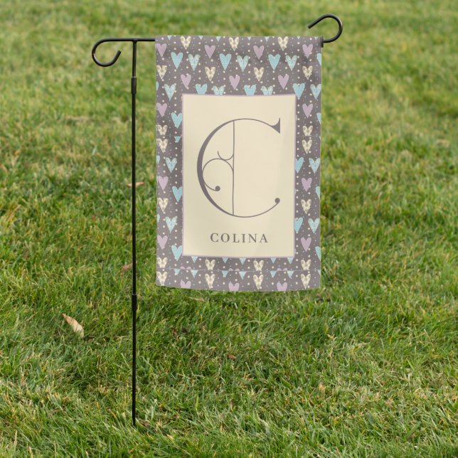 Scroll Monogram Letter C with Hearts Background Garden Flag (In SItu)