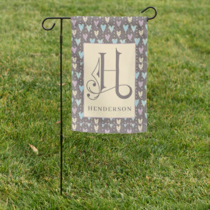 Scroll Monogram Letter H with Hearts Background Garden Flag