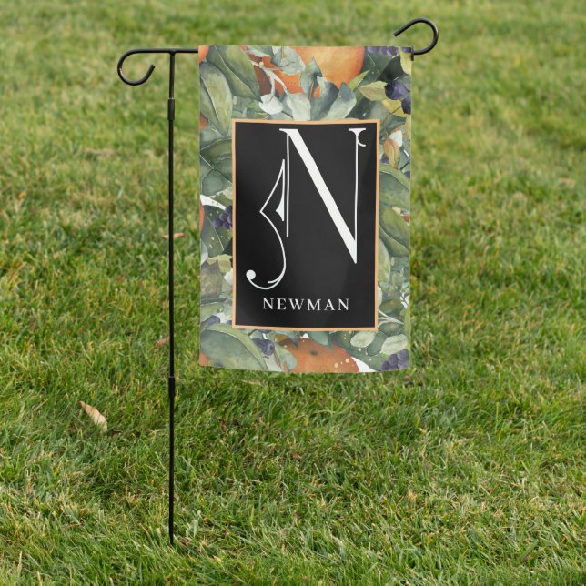Scroll Monogram Letter N with Fruit & Greenery Garden Flag (In SItu)
