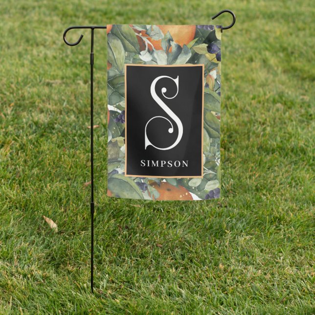 Scroll Monogram Letter S with Fruit & Greenery Garden Flag (In SItu)