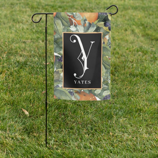 Scroll Monogram Letter Y with Fruit & Greenery Garden Flag (In SItu)