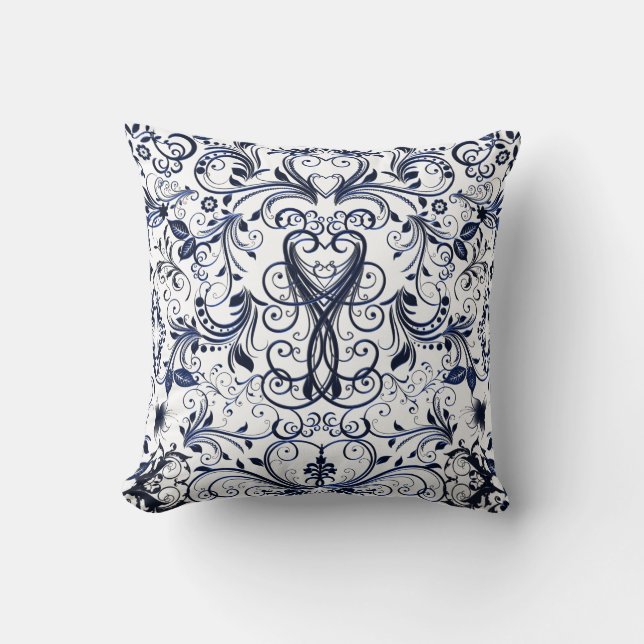 Scroll Work, Metallic Blue-Square Throw Pillow (Front)